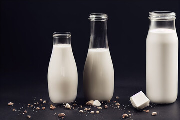 three bottles of milk on a dark background