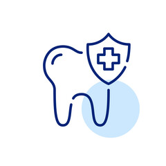 Tooth with shield icon. Dental care and oral medicine. Pixel perfect editable stroke art