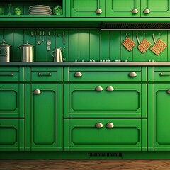 Fototapeta premium Large green kitchen cabinet with many handles closeup