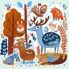Hand drawn scandinavian animals in the forest, 2d illustration. traditional scandinavian style moti