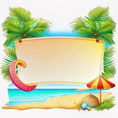 Summer beach theme with empty banner isolated on white background