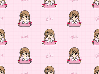 Girl cartoon character seamless pattern on pink background