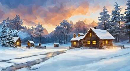 Deurstickers winter landscape with house and snow digital ilustration of house in winter forest, a cosy cabin in the snow with warm lights from inside © Boris