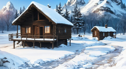 winter landscape with house and snow digital ilustration of house in winter forest, a cosy cabin in the snow with warm lights from inside