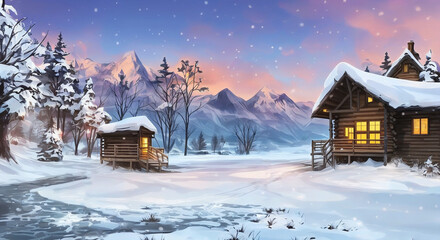 winter landscape with house and snow digital ilustration of house in winter forest, a cosy cabin in the snow with warm lights from inside