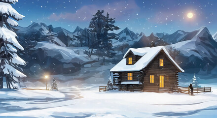Fototapeta na wymiar winter landscape with house and snow digital ilustration of house in winter forest, a cosy cabin in the snow with warm lights from inside