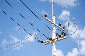 high voltage transmission line Install wires on electric poles.