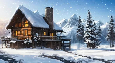 Fotobehang winter landscape with house and snow digital ilustration of house in winter forest, a cosy cabin in the snow with warm lights from inside © Boris