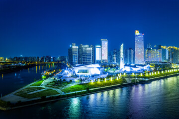 Fototapeta premium Night view of buildings in Beichen Delta, Changsha, Hunan, China