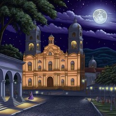 The beautiful church at night from copan ruinas from the square honduras