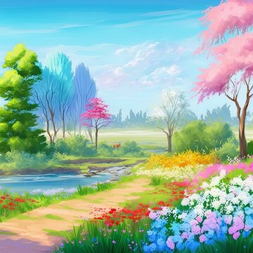 Beautiful nature spring landscape with blooming flowers © AkuAku