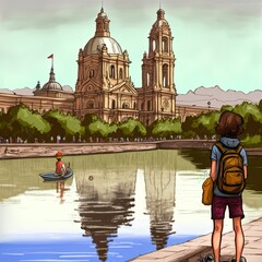 Obraz premium A young tourist visiting the basilica of nuestra senora del pilar from the ebro river