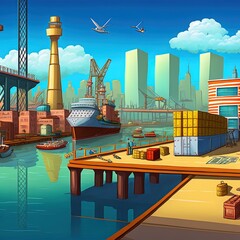 Cargo seaport on metropolis harbor cartoon illustration