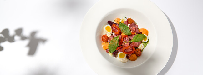 Salad with roast beef, vegetables and eggs on white table with harsh shadows. Steak salad in modern style with shadows of leaves. Flashy food. Meat salad with pastrami in summer menu.