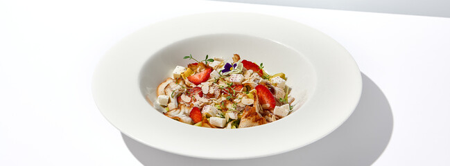 Elegant salad with smoked eel, strawberry and avocado on white table with harsh shadows. Eel salad with berries on white background with shadows of leaves. Romantic dining with fish appetizer.