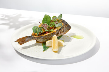 Whole roasted fish with spinach leaves on white plate. Grilled dorado on light background in summer menu. Healthy food - Roasted dorado fish. Concept menu with hard shadows.