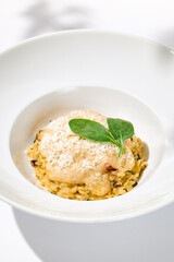 Italian food - mushrooms risotto with creamy espuma on light background. Mushroom risotto with cheese in summer menu Italian risotto with hard shadows from tree leaves. Trendy menu concept