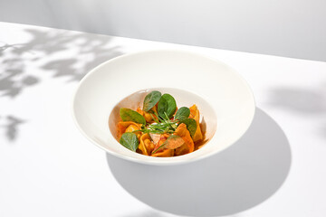 Tradition italian stuffed pasta - tortellini with minced meat. Italian ravioli on white background with harsh shadows. Summer menu italian restaurant. Tortellini with beef and spinach leaves