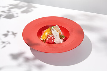 Summer dessert - berry sorbet with citrus and crispy waffles. Strawberry gelato on red ceramic plate. Frozen dessert from strawberry Homemade sorbet with citrus and fruit in restaurant plate