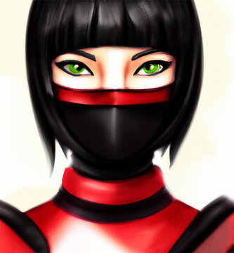 Female ninja warriors with staright face wearing a mask