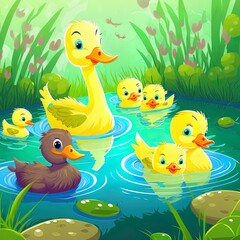 Obraz na płótnie Canvas Duck with cute ducklings in pond cartoon illustration cartoon style. little yellow ducks fighting for worm, following mother, swimming in lake or river. farm animal, wildlife concept