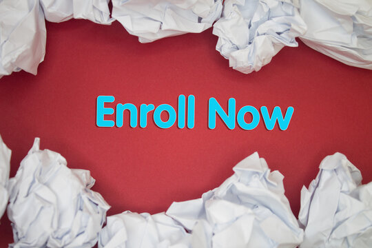 Enroll Now text with Torn, Crumpled White Paper on colored background.
