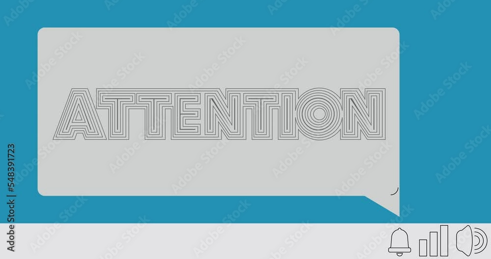 Poster attention text on notification bubble from portable information device screen. mobile app message, c