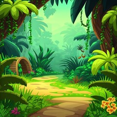 Cartoon jungle background with pathway through exotic plants
