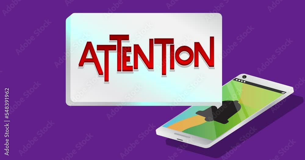 Poster attention text on notification bubble from portable information device screen. mobile app message, c