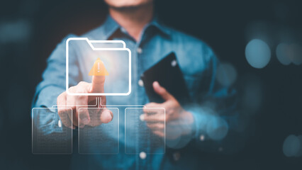 Businessmen review procedures through documents Folder containing checkbox lists,rules of conduct concepts, rules and policies, company regulatory documents, terms and conditions..