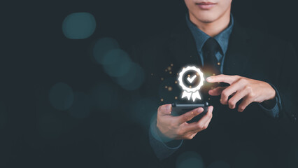 best quality assurance concept for product assurance, standard quality. business insurance Industry Certification,Guarantee, Product Certification Management,businessman holding a smartphone