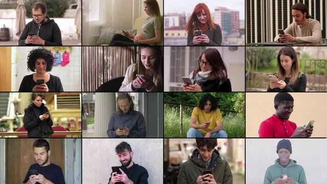 Multiscreen of people using mobile phone. Young people texting with smartphone
