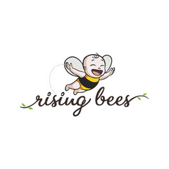 Honey Bee Logo Cartoon Character. Vector bee flat icon. Cartoon cute bright baby bee on stylish white background. Vector logo illustration.