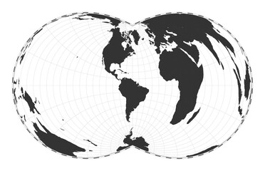 Vector world map. Rectangular (War Office) polyconic projection. Plan world geographical map with latitude/longitude lines. Centered to 60deg E longitude. Vector illustration.