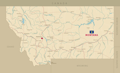 Road map of Montana, US American federal state. Editable highly detailed transportation map of Montana with highways and interstate roads, rivers, lakes and cities vector illustration - obrazy, fototapety, plakaty