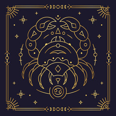 Cancer zodiac astrological horoscope golden sign dark navy card. Stylized symbol of esoteric, zodiacal astrological calendar, horoscope constellation thin line vector illustration