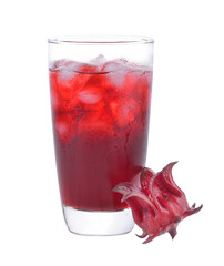 roselle flower juice in glass with ice isolated on transparent png