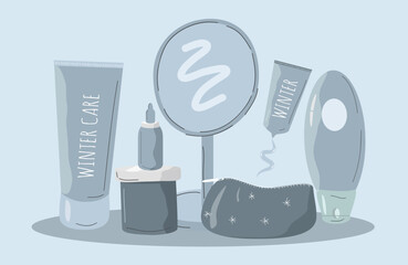 vector flat hand drawn illustration on the theme of cosmetics for the winter time, skin care in cold weather,