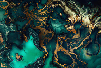 Luxury fractal art in aqua and gold paints ink technique, Imitation of luxury marble stone cuts, glowing golden veins, tender and dreamy design