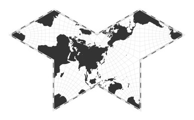 Vector world map. Gnomonic butterfly projection. Plan world geographical map with latitude/longitude lines. Centered to 120deg W longitude. Vector illustration.