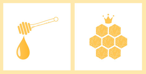 Honey drops, wooden dipper and honey sign logo with crown icon isolated on white backgrounds vector illustration.
