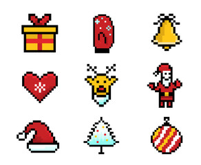 Pixel christmas and new year icons decor collection