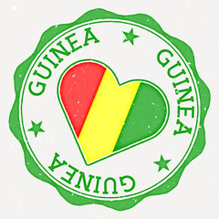 Guinea heart flag logo. Country name text around Guinea flag in a shape of heart. Captivating vector illustration.