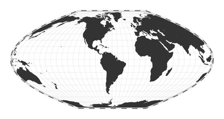 Vector world map. McBryde-Thomas flat-polar parabolic pseudocylindrical equal-area projection. Plan world geographical map with latitude/longitude lines. Centered to 60deg E longitude.