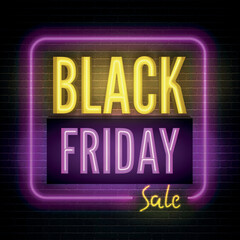 Black friday, year biggest sale vector banner template. Stylish casino style seasonal clearance advert. Price reduction minimal sticker design. Yellow and purple neon light box and discount offer