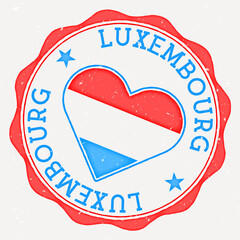 Luxembourg heart flag logo. Country name text around Luxembourg flag in a shape of heart. Elegant vector illustration.