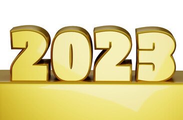 2023 Happy New Year. 3d render 2023 gold metallic sign on display podium. Realistic 3D 2023 signage for New Year celebration design