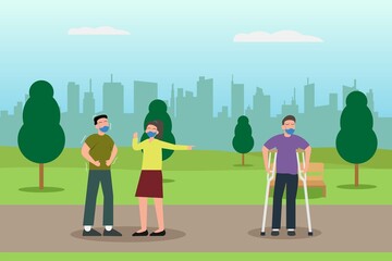 Discrimination vector concept. People bullying disabled man at the park - obrazy, fototapety, plakaty