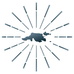 Jost Van Dyke gradiented sunburst. Map of the island with colorful star rays. Jost Van Dyke illustration in digital, technology, internet, network style. Vector illustration.