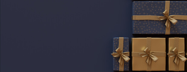 Modern Gold and Navy Blue Christmas Background with copy-space. Precisely arranged Festive Gifts form a Grid pattern. 